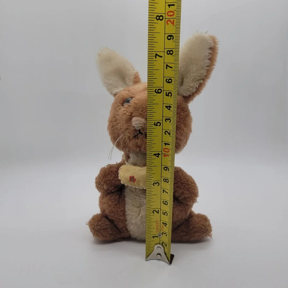 Vintage R Dakin Brown Plush Bunny Rabbit Yellow Floral Bib Stuffed Animal 8 inch
